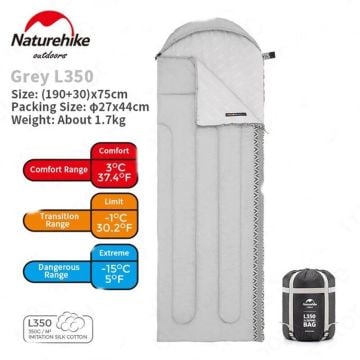 Naturehike L350 Zarf Tarzı Kapüşonlu Uyku Tulumu -15 C Gri NH21MSD07